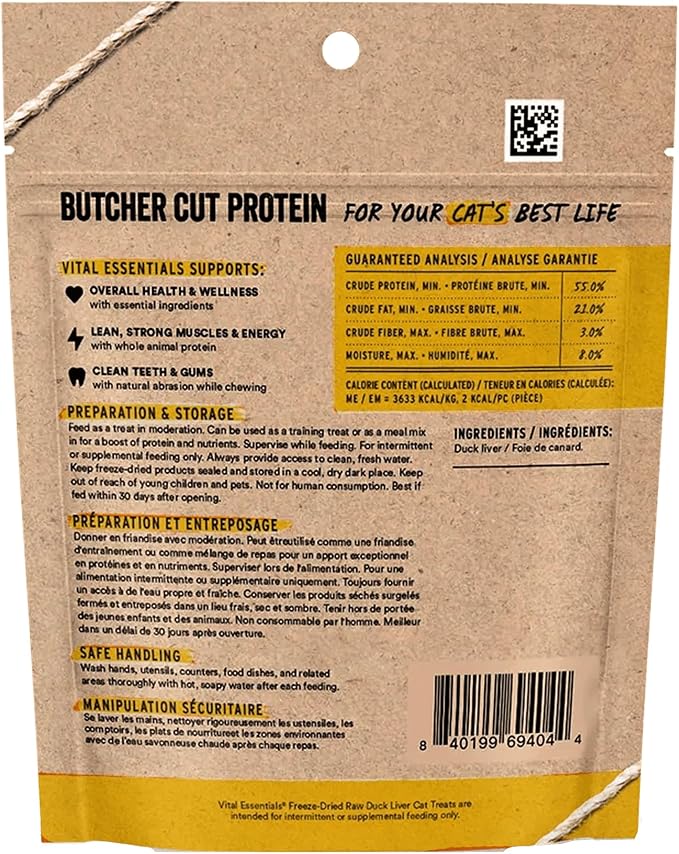 Vital Essentials Duck Liver Cat Treats, 0.9 oz | Freeze-Dried Raw | Single Ingredient | Grain Free, Gluten Free, Filler Free