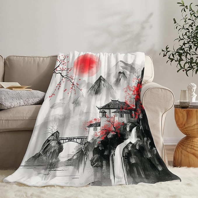 Japanese Throw Blanket Splash Red Cherry Blossom Gifts for Girls Women Men Boys Plush Cozy Flannel Fleece Fuzzy Landscape Blankets 50"X40"