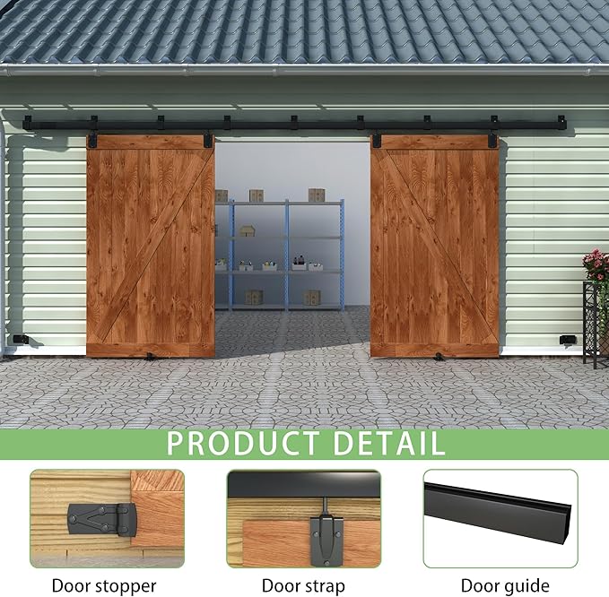 14FT Black Box Rail Exterior Barn Door Hardware Track Kit for 2 Doors, Heavy Duty Barn Door Track Set, Wall Mount Outdoor Weatherproof Double Door Hardware with 7 Track Brackets(No Doors）