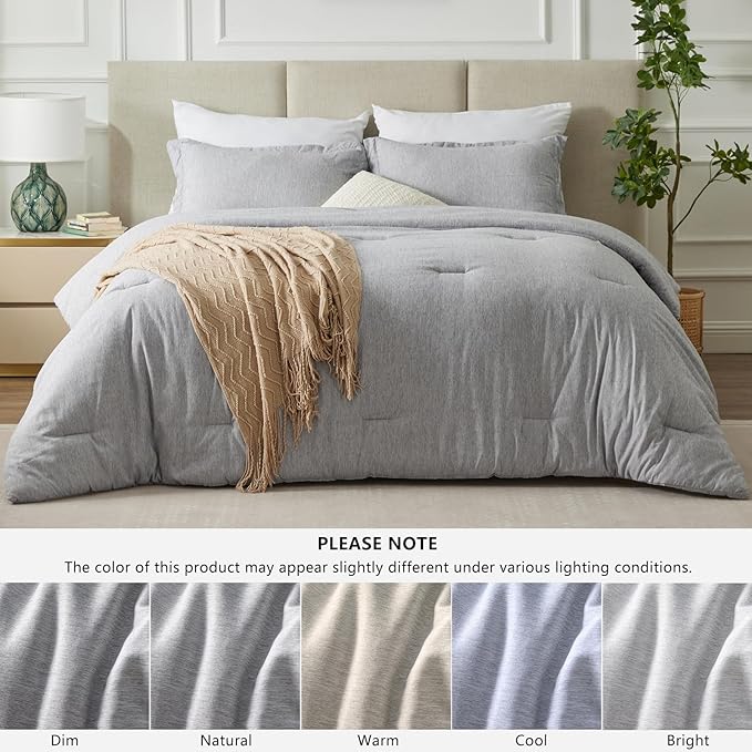CozyLux Full Size Comforter Set - 3 Pieces Light Grey Soft Luxury Cationic Dyeing Bedding Comforter for All Season, Light Gray Breathable Lightweight Fluffy Bed Set with 1 Comforter and 2 Pillow Shams