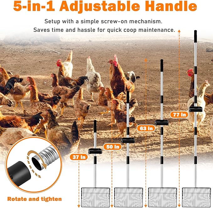 Extra Large Chicken Poop Scooper – 15'' Wide Stainless Steel Litter Cleaner, 5-in-1 Adjustable Handle (37-77 Inch), for Chicken Coops, Poultry Barns, Durable Farm & Outdoor Tool