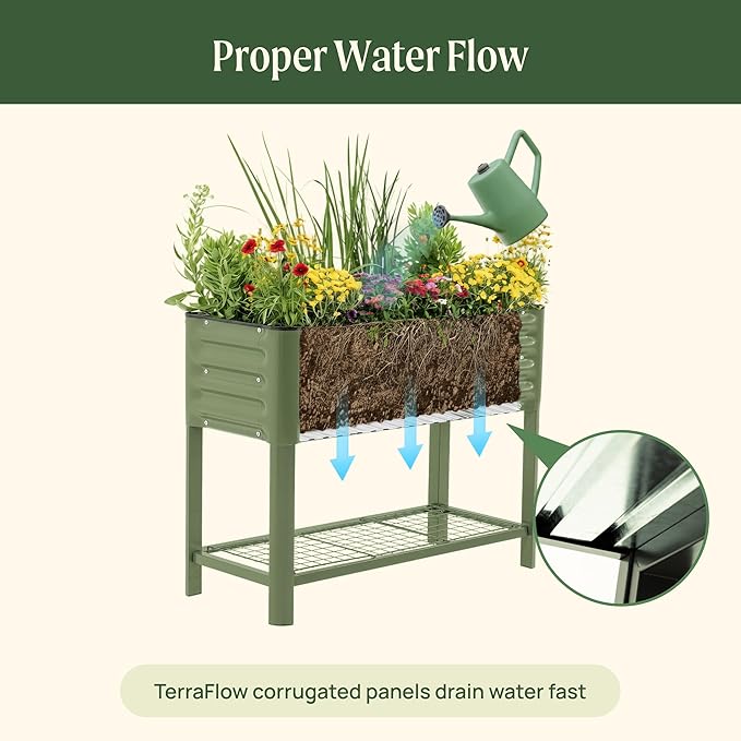 Elevated Raised Garden Bed- Slim Series, 1.5' x 3.5' Outdoor Planters Boxes with Legs & Storage Rack for Patio, 500 Lbs Weight Capacity, Raised Beds for Gardening Herbs Vegetables Flowers, Olive Green