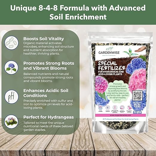 Slow Release Hydrangea Fertilizer with Iron & Sulfur – Indoor & Outdoor Soil Acidifier for Miracle Growth (1 qt)