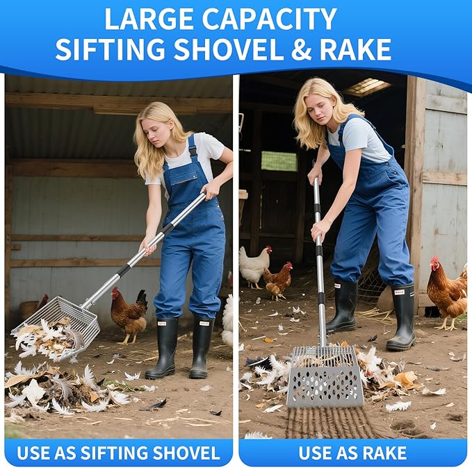 Chicken Poop Scooper & Rake 2-in-1,Chicken Litter Scoop with Handle(24 to 69") for Chicken Coop & Pet Waste Cleaning,304 Stainless Steel Shovel Head, Chicken Coop Accessories，Litter Sifting Shovel