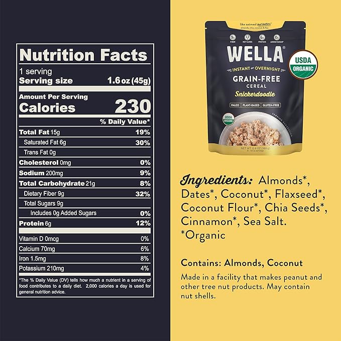 Wella Cereal Oatmeal Alternative, Gluten-Free Breakfast Hot Cereal, Grain-Free Paleo Organic Vegan High Protein Superfood, Plant-Based Non-GMO, Low in Net Carbs, Multi-Serve Bag, Snickerdoodle Flavor (1 Count, 12.8 oz. Bag)