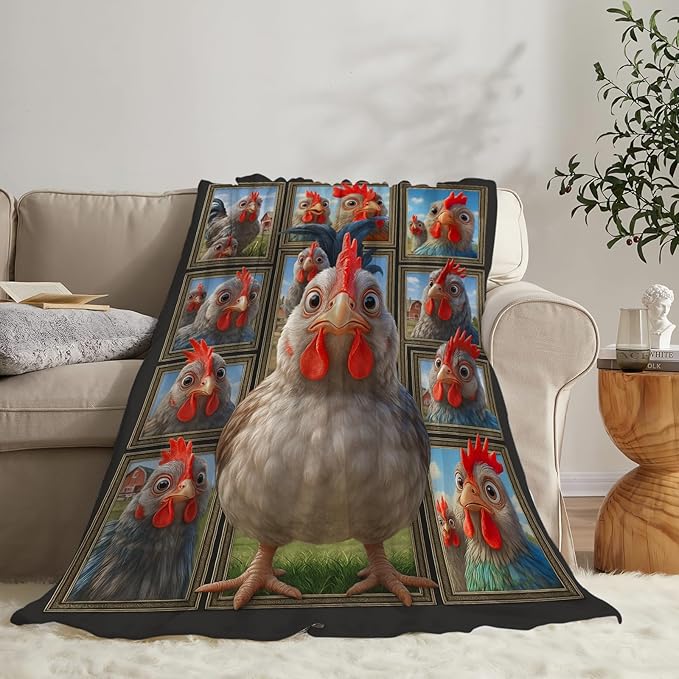 Chicken Fleece Blanket Funny Rooster Throw Blankets for Girls Boys Super Soft Warm Flannel Farm Roosters Animal Throws Gifts for Men Women Cozy Fuzzy Plush Stuffed Couch Bed Bedding Decor 80"X60"