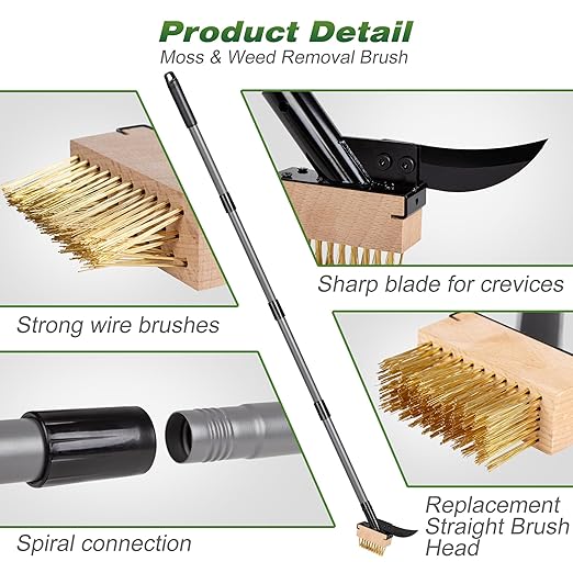 Walensee 3-in-1 Crack Weeder & Moss Remover Brush with 66.5-Inch Adjustable Handle, Weed Puller with 2 Replaceable Brush Heads and Scraper for Deck, Patio, Walkway, Driveway Crevice Cleaning Tool