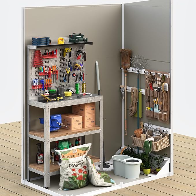 UDPATIO Outdoor Storage Shed 5x3 FT, Plastic Garden Shed for Bike, Garbage Can, Tool, Outside Sheds & Outdoor Resin Shed with Lockable Door for Backyard, Patio, Lawn, Sandstone