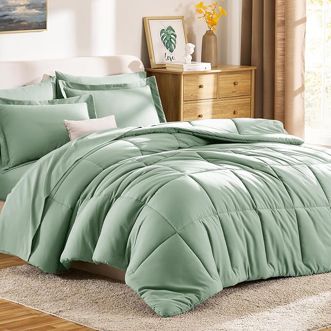 CozyLux Queen Comforter Set Sage Green - 7 Pieces Bed in a Bag Queen, All Season Breathable Bedding Sets, Oeko-Tex Certified Bed Set with Down Alternative Comforter, Sheets, Pillowcases & Pillow shams