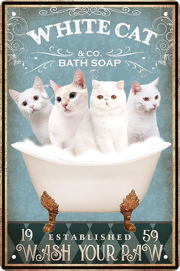 Funny White Cat Decor Vintage Bathroom and Bathtub Metal Tin Sign Decor White Cat lovers Gift Farm Home Bar Bathroom Retro Wall Art Poster Sign Accessories 8x12 Inch