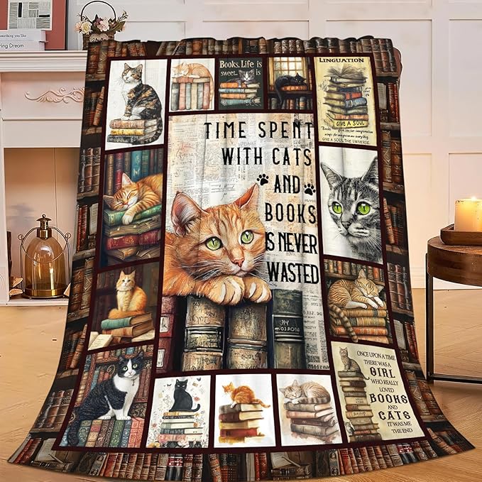 Dynova Cat Blanket Cozy Plush Book Throw Blankets Cozy Plush Cats Books Lovers Gifts Fuzzy Flannel Fleece for Women Men Girls Boys 50"X40"