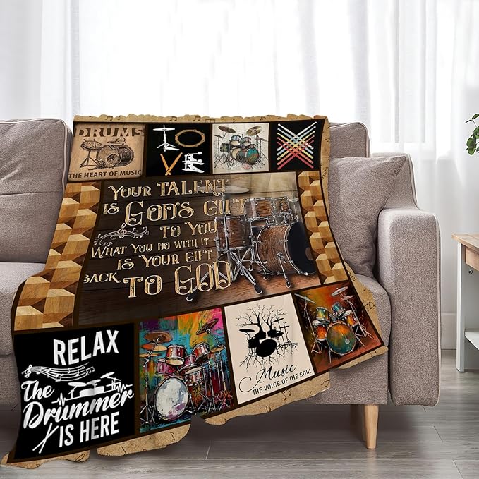 Rock Music Blanket Ultra Soft Cozy Drum Set Kit Throw Blanket Fleece Fuzzy Plush Bedding Vintage Musical Instrument Lovers Gifts for Women Girls Kids Adults 80"x60"