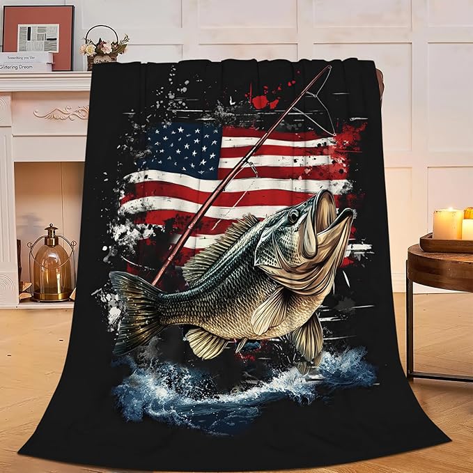 Fishing Blanket American Flag Fish Throw Blanket Soft Warm Cozy Fuzzy Plush Gifts for Girls Women Lightweight Fleece Flannel Stuff Decor Gift for Kids Adults 80"X60"