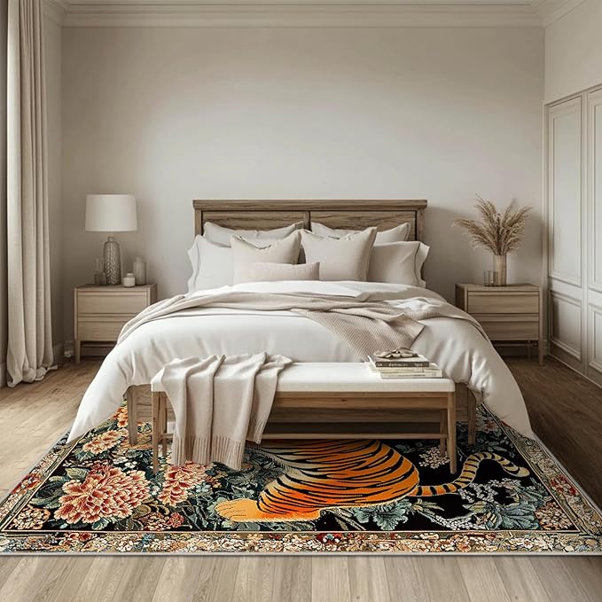 4x6 Tiger Area Rugs Boho Tiger Rug for Living Room Indoor Soft Non-Slip Thin Large Carpet Vintage Rugs for Bedroom Home Decor Under Table Washable Machine
