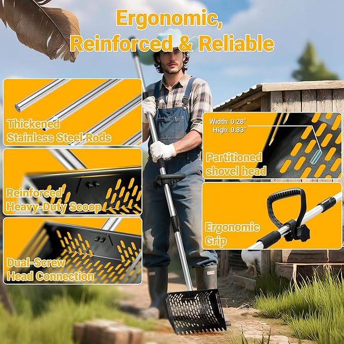 Pugala 5-in-1 Large Chicken Poop Scooper & Rake – 24" to 68" Long Adjustable Stainless Steel Handle, 10" Wide Metal Sifting Shovel Head – Heavy Duty Chicken Coop Cleaning Tool for Litter & Sand,Black