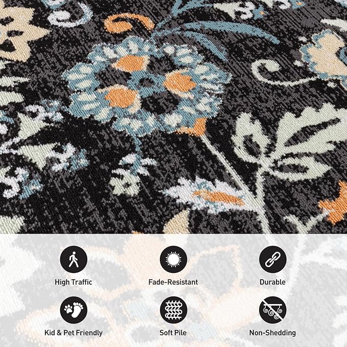 Rugshop Vine Floral Area Rug Modern for Living Room, Bedroom, or Entryway Black Multi 4' x 6' Black