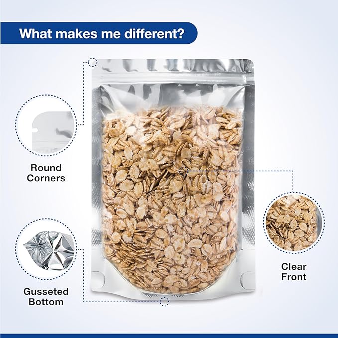 BELLE KR® Clear Mylar Bag 8"x12" - Pack of 100, 8 Mil Thick - 2 Quart Stand Up See Through Mylar Bags for Food Storage with Label Stickers