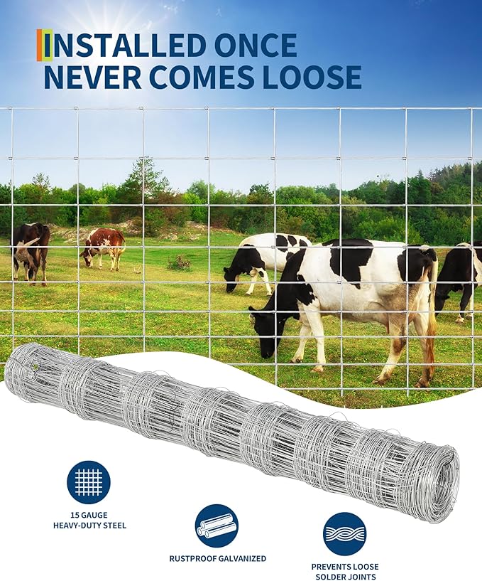 Cattle Fence 4ft x 164ft - Heavy Duty Galvanized Wire Fencing for Hog, Goat, Sheep & Deer, Durable Chain Link Fence for Yard Protection, Livestock & Poultry Enclosures, Cattle Panel