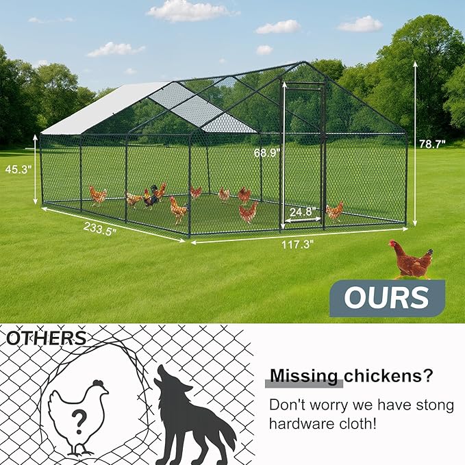 VINGLI Chicken Coop, Large Metal Poultry Cage for Chicken Run, Walk-in Chicken Pen with Waterproof & Anti-UV Cover Outdoor (Black-Spire Roof, 19.7 * 9.8 * 6.5 ft)