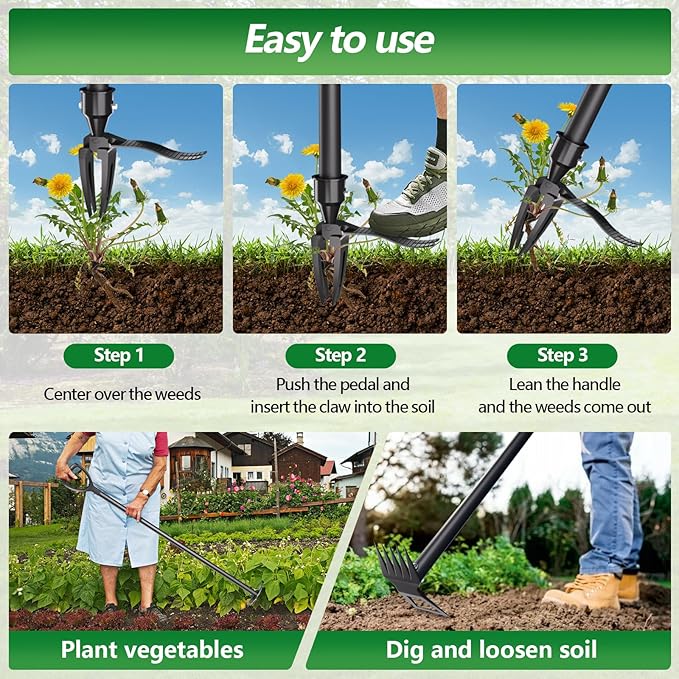 Stand Up Weed Puller Tool, 2-in-1 Weed Puller with 4 Claw Head & Rake, Effortless Root Puller for Dandelion & Weeds, No Bending or Kneeling, Ergonomic Garden Tool for Lawn & Yard Care