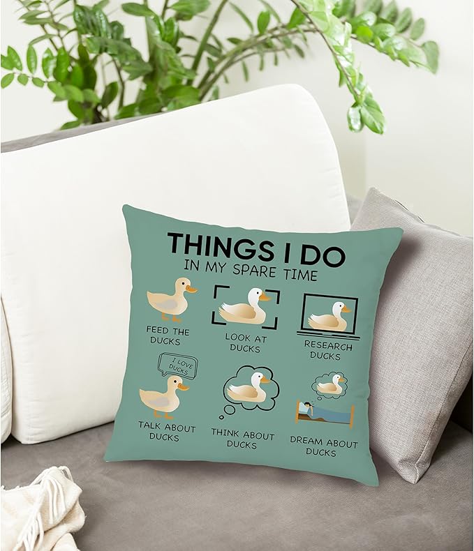 Funny Duck Throw Pillow Covers 18 x 18-Things I Do in My Spare Time Duck Decorative Pillow Covers,Funny Duck Gifts,Duck Gifts for Duck Lovers,Duck Themed Gifts for Women,Duck Decor (Green)