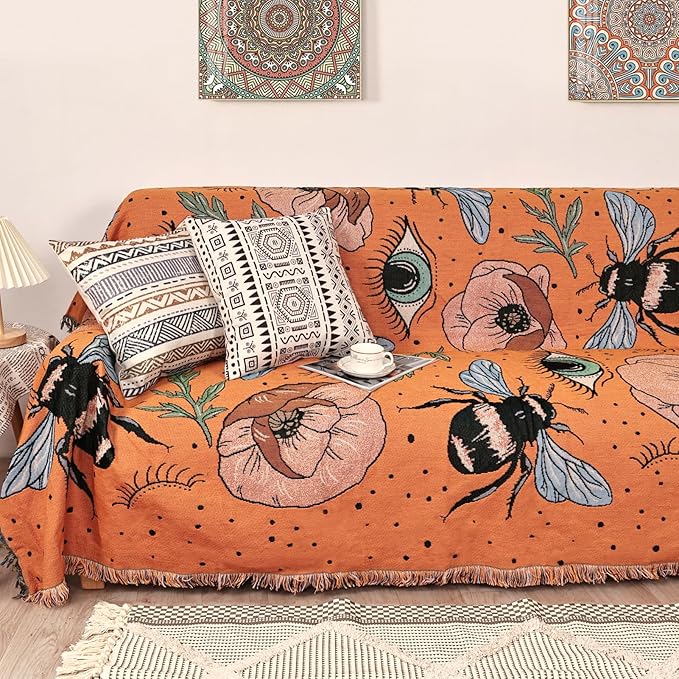 Boho Throw Blanket for Bed Couch Sofa Reversible Cotton Bohemian Travel Boho Quilt Mexican Muslin Blanket Tapestry Hippie Room Decor Outdoor Blanket Double Sided (Boho Bee Yelow 60"x80")
