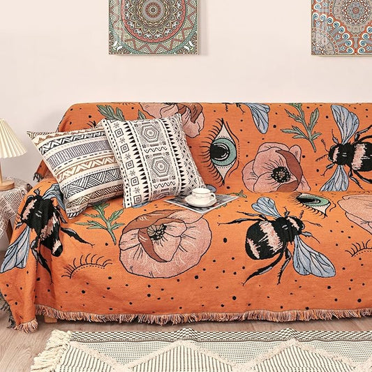 Boho Throw Blanket for Bed Couch Sofa Reversible Cotton Bohemian Travel Boho Quilt Mexican Muslin Blanket Tapestry Hippie Room Decor Outdoor Blanket Double Sided (Boho Bee Yelow 70"x90")