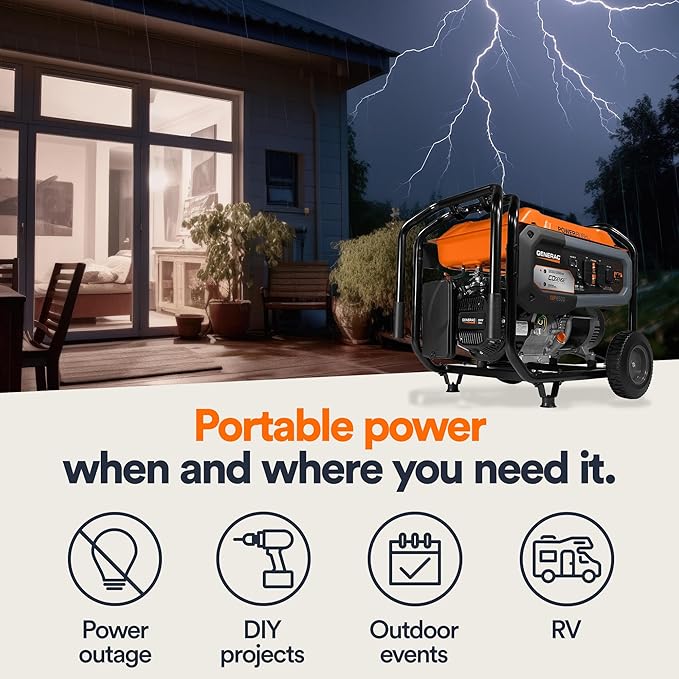 Generac 8,125 Starting Watt Portable Gas Generator - Includes Extension Cord - Home or RV Ready - Quiet, Long Runtime, Emergency Power - 49-State Compliant