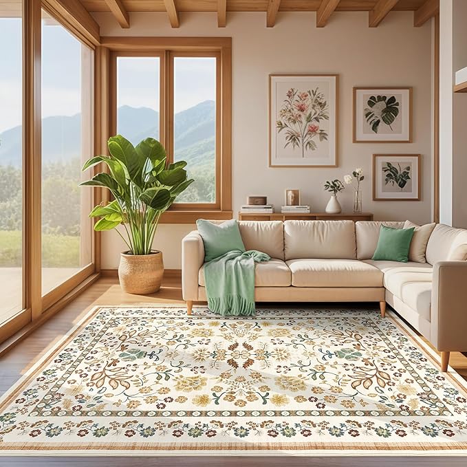 10x12 Area Rug Living Room Rugs - Washable Boho Vintage Floral Large Soft Non Slip Thin Rug Low Pile Carpet for Bedroom Dining Room Kids Playroom Office Decor Indoor- Brown