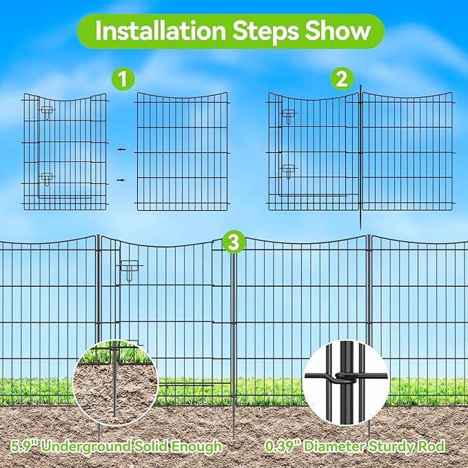 INJOPEXI Garden Fence 6 Panels 11.8ft(L)×30in(H) Decorative Garden Fences Outdoor with 5 Panels + 1 Gate, Rustproof Metal Wire No Dig Temporary Animal Barrier Fencing Border Dog Fence for Yard Patio