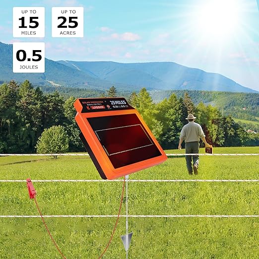 LFGS25 Solar Electric Fence Charger, 25 Miles Solar Charger,0.5J Portable Powered Charger with Day or Night Mode for Livestock, Cattle Sheep, Pigs, Horses