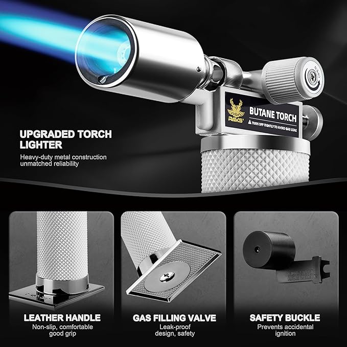 RAVS Butane Torch Lighter Refillable, White Kitchen Torch with Adjustable Flame, Creme Brulee Torch for Baking, Welding, Christmas Stocking Stuffers Gifts for Women, Cooking Torch Butane Not Included