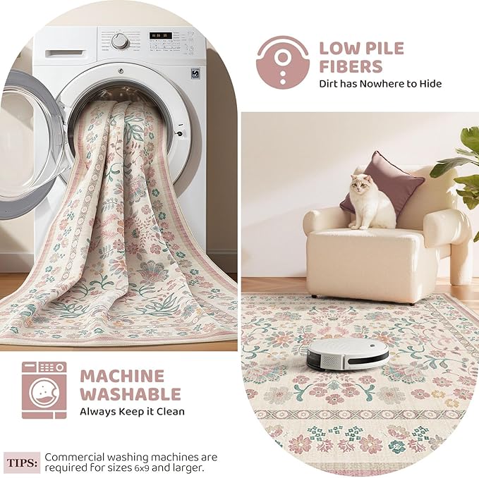 Square Area Rugs : Washable 5x5 Floral Carpet for Living Room Bedroom - Soft Floor Mat with Non Slip Backing for Kitchen Nursery Dorms Farmhouse Home Decor - Pink