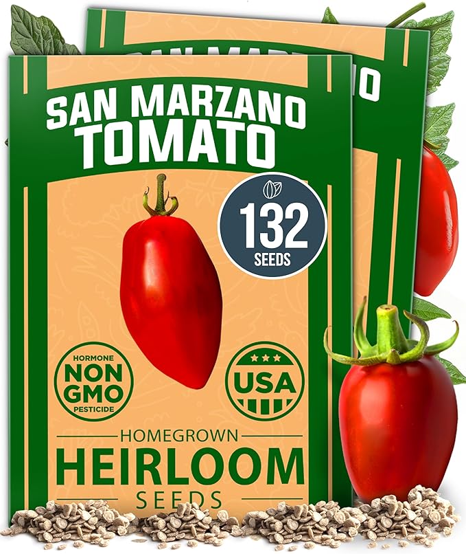 HOME GROWN San Marzano Tomato Seeds – 132 Heirloom, Seeds – High Germination Tomatoes for Indoor & Outdoor Growing – Classic Paste Variety for Gardeners & Home Use