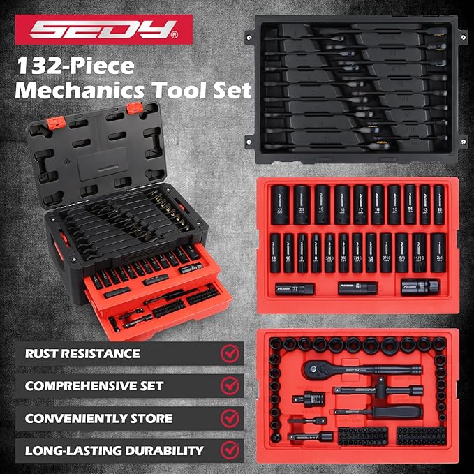 Premium 132-Piece Mechanics Tool Set, SAE/Metric 1/4" & 3/8" Drive Socket Set, Ratcheting Wrenches, Extensions & Adapters, Quick-Release Ratchet, Professional Auto Repair Tool Kit with Storage Case