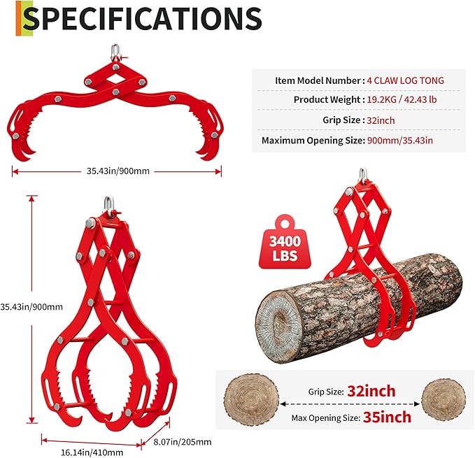 GarveeLife 32 in Log Lifting Tongs,4 Serrated Claw Hook Log Tongs,Heavy Duty Steel Swivel Dragging Tong,2200 LBS Log Grapple with Handles, Lumber Logs Skidding Tong for Tractors, Trucks