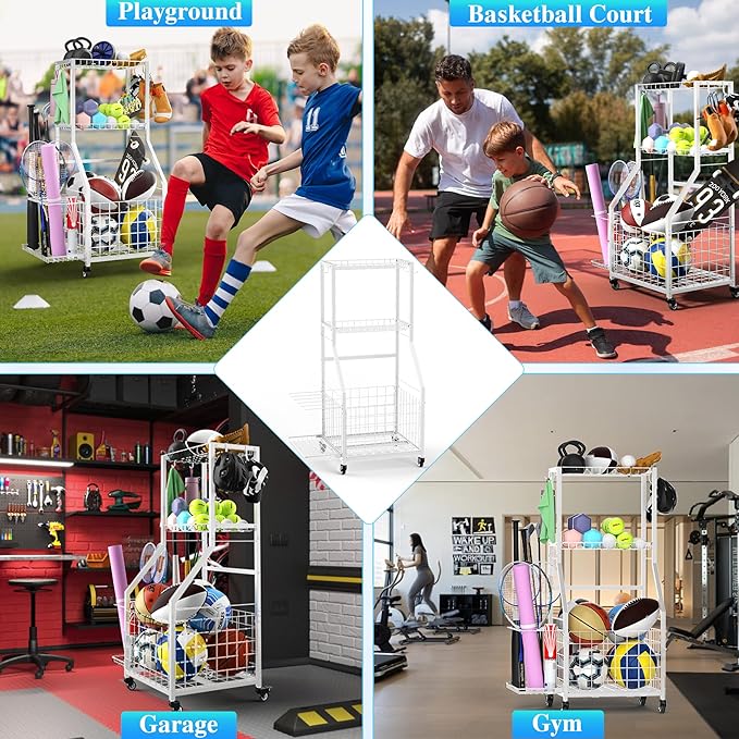 Sports Equipment Garage Organizer,Garage Ball Storage Rack with Wheels-Upgraded 3 Layers Sport Toy Organizer Rack Outdoor Basketball Racks for Balls with Holder and Hooks
