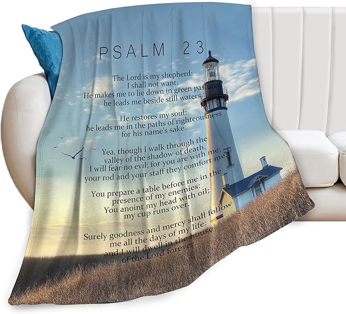 Psalm 23 Blanket Christian Lighthouse Gifts Religious Bible Verse Scripture Throw Blanket Comfy Plush Flannel Fleece Warm Soft Fluffy Fuzzy Blanket for Prayer Women Teens for Bed Sofa Couch 40"X50"