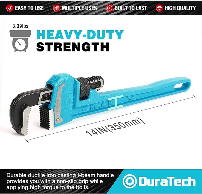 DURATECH 14-Inch Heavy Duty Pipe Wrench, Adjustable Plumbing Wrench, Malleable Cast Iron Handle, Exceed GGG standard