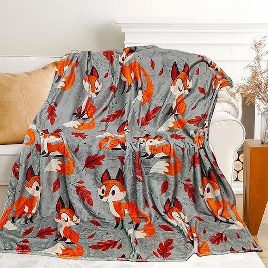Cute Fox Blanket for Women Girls Kids Adults 50" x 60", Flannel Throw for Sofa Couch Bed Living Room, Gifts for Animal Lovers