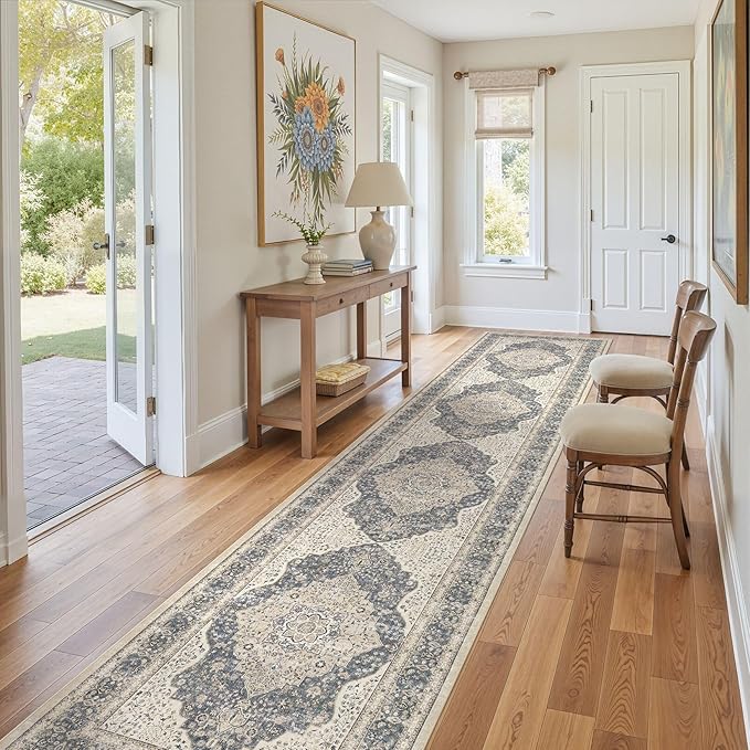 Washable 3x14 Hallway Runner Rug - Vintage Floral Stain & Fade Resistant Non-Slip Backing Ultra-Thin Long Carpet for Entryway, Bedroom, Kitchen, Corridor Decor(Blue/Beige)