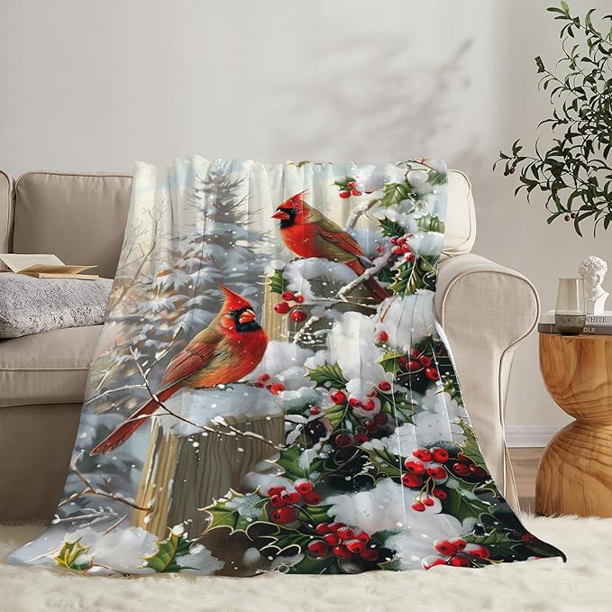 Dynova Christmas Bird Blanket Cozy Plush Red Birds Lovers Throw Blankets Fuzzy Flannel Fleece Winter Gifts for Girls Boys Women Men 50"X40"