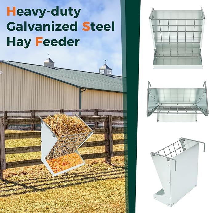 KUAFU Hay Feeder 2 in 1 Hay Rack Wall Mount Goat Feeders，Heavy Duty Galvanized Steel Hanging Feeders for Farm Livestock Small Goat & Sheep Grain Indoor Outdoor Uses