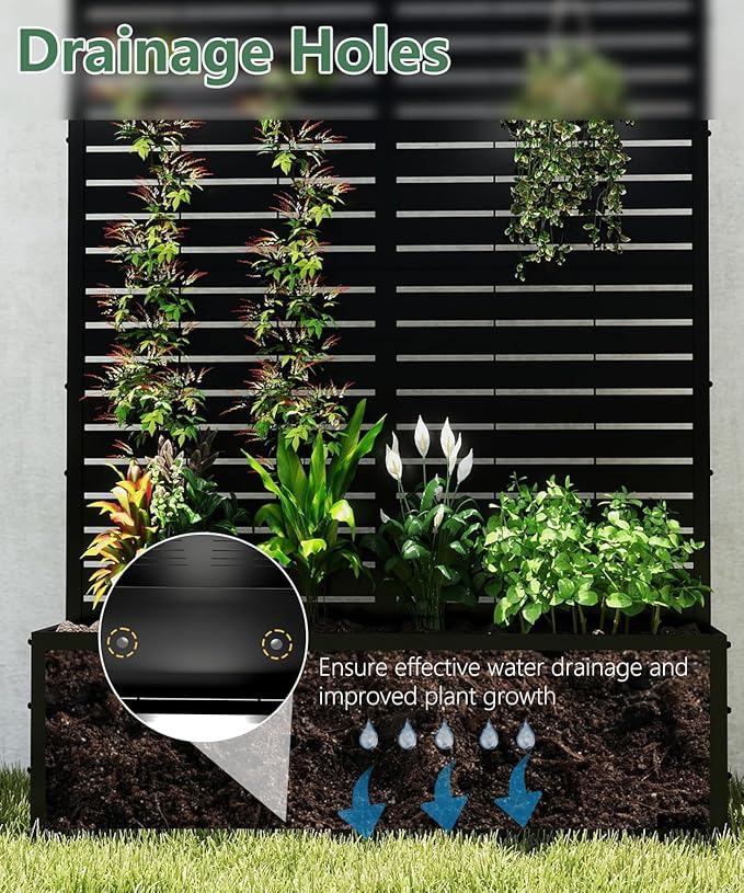 2PCS Metal Planter Box with Trellis,70.9"x47.2"x15.7" Raised Garden Bed with Drainage Holes, Privacy Planters for Outdoor, Garden Bed for Climbing Plants,Vegetables,and Vines, Black-louvered