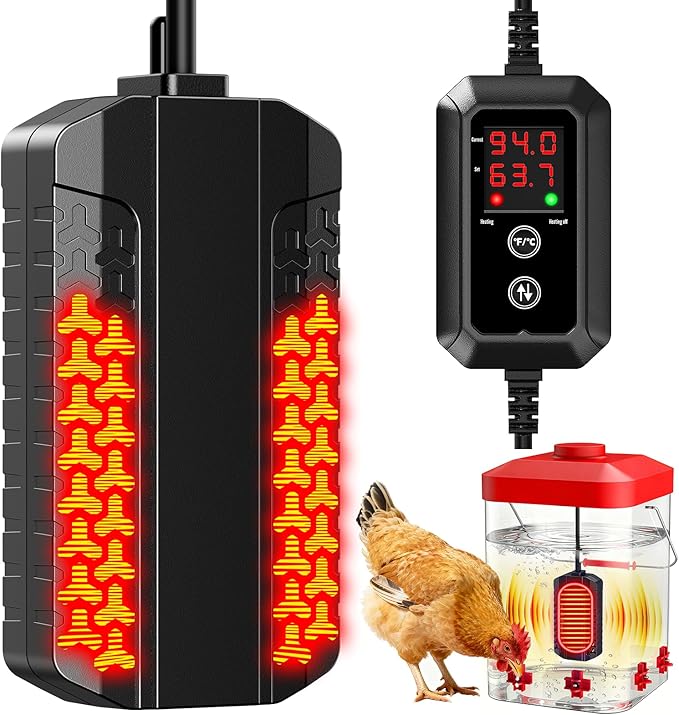 Heated Chicken Waterer with Smart LCD Screen, Chicken Water Heater for Under 6 Gallons Waterer, Thermostatic Control & Prevent Water Freezing, Fast Heating Water for Chickens, Ducks, Geese in Winter