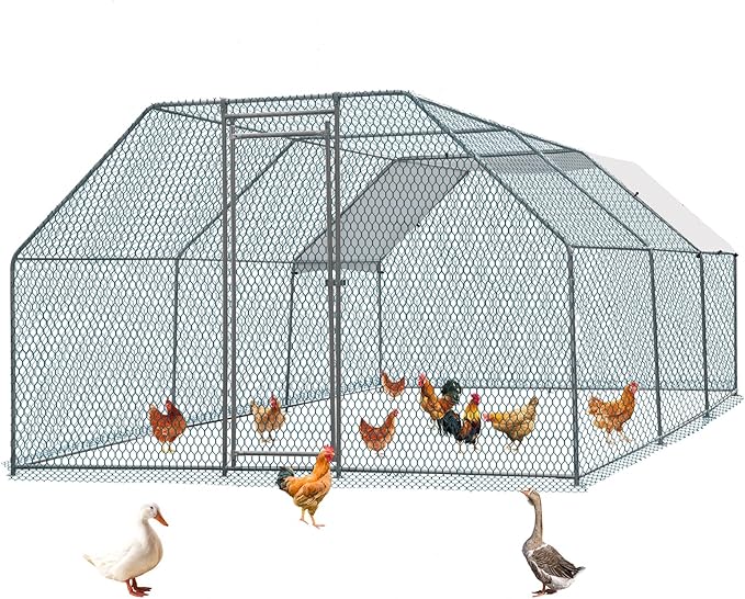 VINGLI Chicken Coop, Large Metal Poultry Cage for Chicken Run, Walk-in Chicken Pen with Waterproof & Anti-UV Cover Outdoor (Silver-Flat Roof, 19.7 * 9.8 * 6.5 ft)