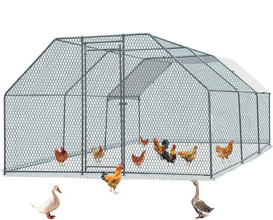 VINGLI Chicken Coop, Large Metal Poultry Cage for Chicken Run, Walk-in Chicken Pen with Waterproof & Anti-UV Cover Outdoor (Silver-Flat Roof, 19.7 * 9.8 * 6.5 ft)