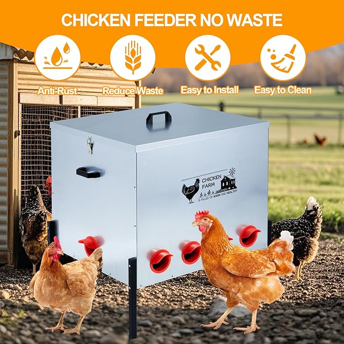 Automatic Chicken Feeder Box 100 lbs, 10 Feeding Ports, No Waste Poultry Feeder with Locking Lid and Adjustable Legs for Chickens, Ducks, Geese Galvanized Metal (100 Lbs-10 Ports)