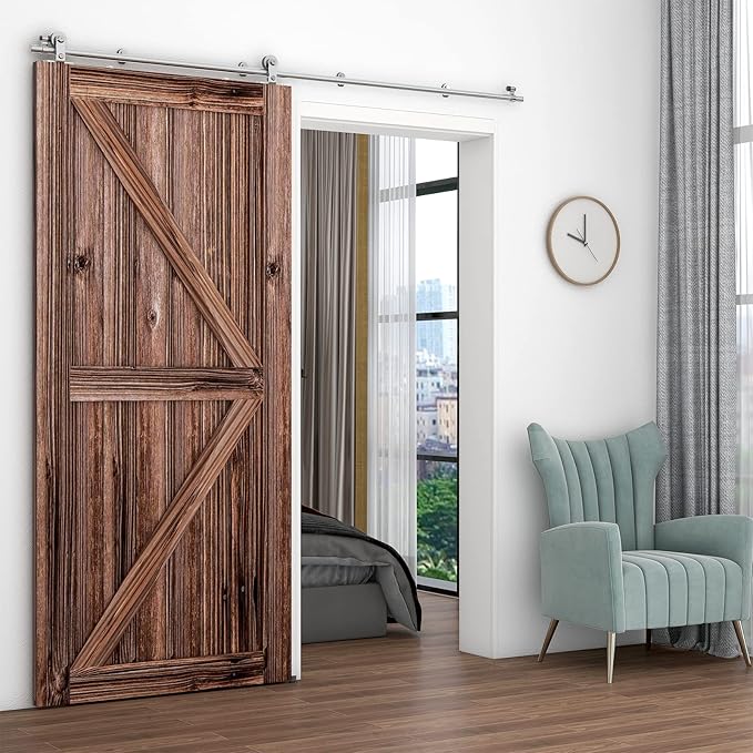 TSMST 9.6FT Sliding Barn Door Hardware Kit, Top Mount Stainless Steel Heavy Duty Sturdy Barn Door Track for Single Wood Door, Slide Smoothly Quietly (T Style)