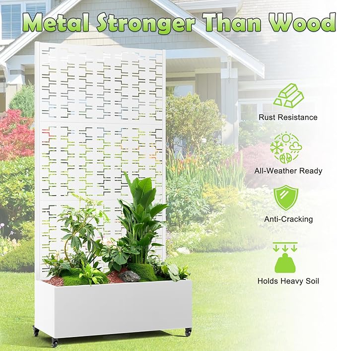 15.7"×70.9"×35.4" Metal Raised Garden Bed with Trellis and Wheels - Tall Trellis Planter Box for Climbing Plants, Vegetables & Vines - Outdoor Privacy Planters for Patio (White-Brick)